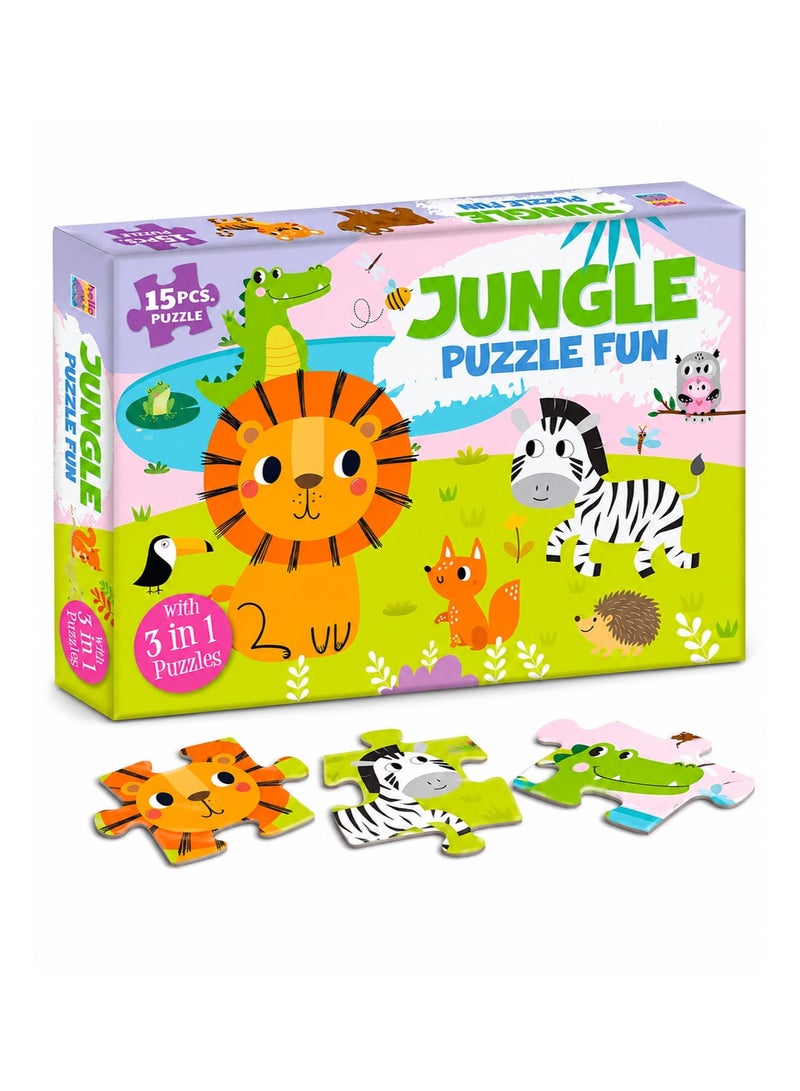 Jungle Puzzle Fun 15PCS Kids Puzzle Set with 3 in 1 Animal Puzzles, Colorful Cardboard Jigsaw Puzzle for Early Learning, Matching, Focus & Play - Image 1