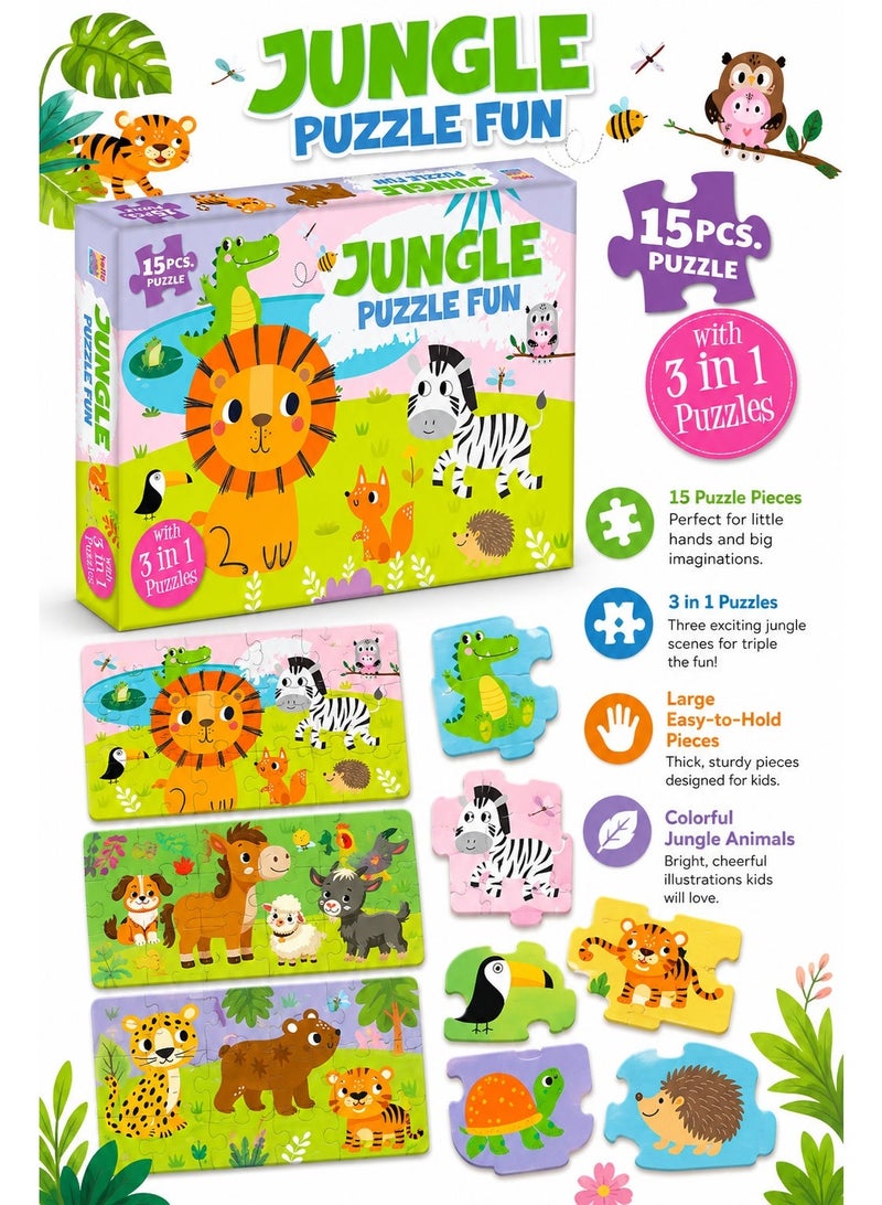 Jungle Puzzle Fun 15PCS Kids Puzzle Set with 3 in 1 Animal Puzzles, Colorful Cardboard Jigsaw Puzzle for Early Learning, Matching, Focus & Play - Image 4