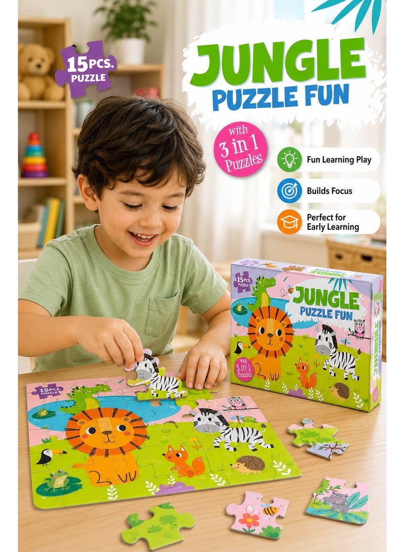 Jungle Puzzle Fun 15PCS Kids Puzzle Set with 3 in 1 Animal Puzzles, Colorful Cardboard Jigsaw Puzzle for Early Learning, Matching, Focus & Play - Image 3