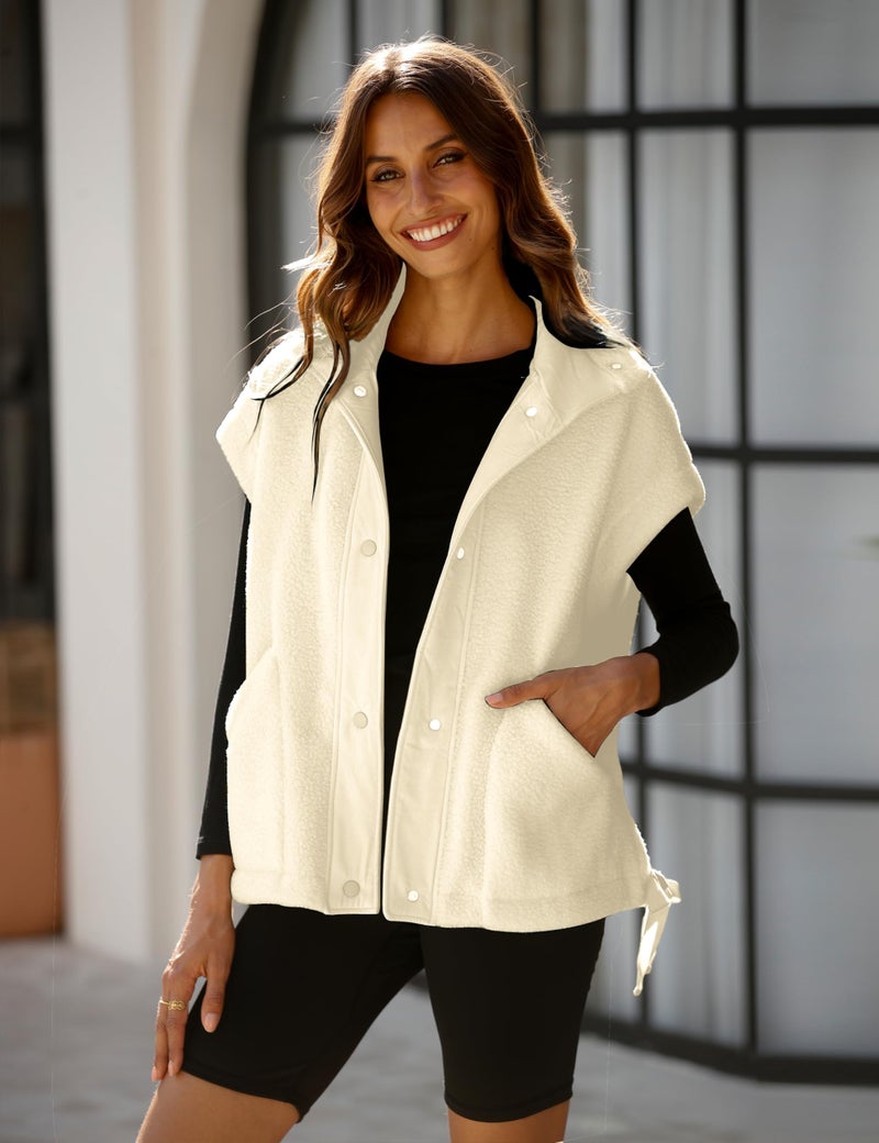 OPCAKM Women's Fuzzy Fleece Vest Oversized Sleeveless Sherpa Jacket Warm Button Down Gilet Outerwear with Pockets(Apricot-M) - Image 2