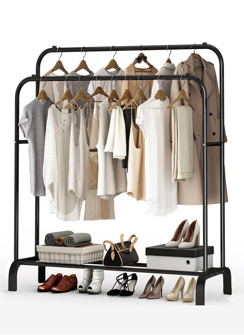 R.VIHAN - Multi-Functional Clothing Garment Rack Metal Clothe Rack Double Rod Portable Drying Hangers with Bottom Shelf for Hanging Shirts Jeans Coats Clothes Sweaters Garment Bedroom Balcony White - Image 1