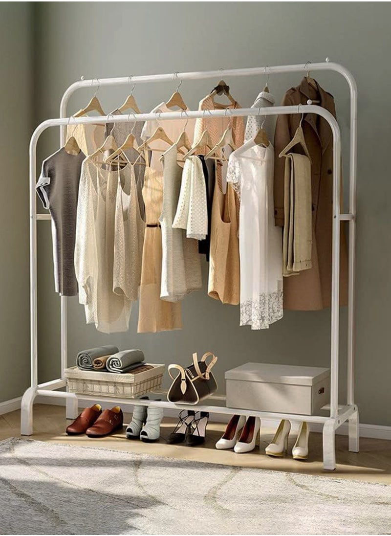 R.VIHAN - Multi-Functional Clothing Garment Rack Metal Clothe Rack Double Rod Portable Drying Hangers with Bottom Shelf for Hanging Shirts Jeans Coats Clothes Sweaters Garment Bedroom Balcony White - Image 1