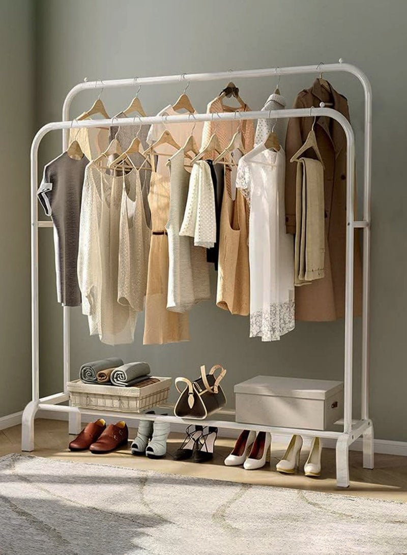 R.VIHAN Multi-Functional Clothing Garment Rack Metal Clothe Rack Double Rod Portable Drying Hangers with Bottom Shelf for Hanging Shirts Jeans Coats Clothes Sweaters Garment Bedroom Balcony White - Image 2