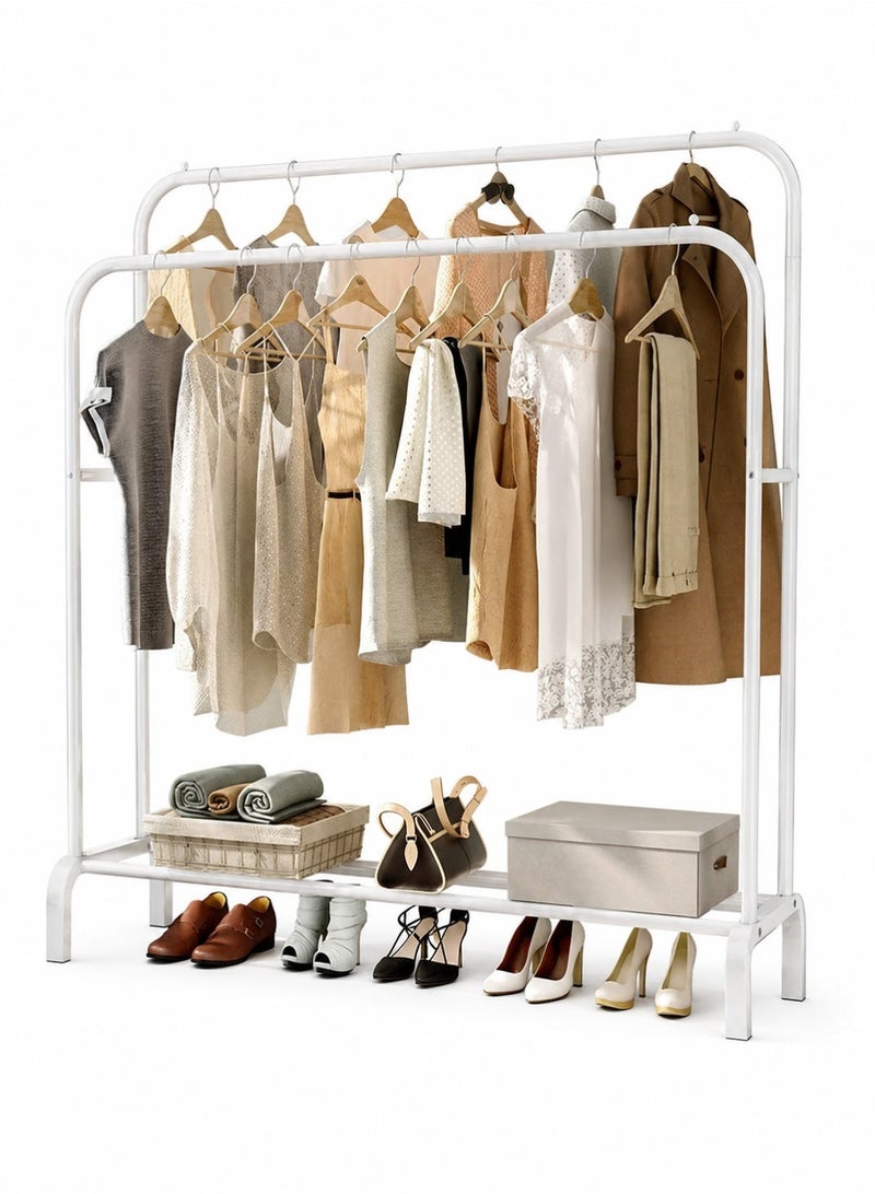 R.VIHAN Multi-Functional Clothing Garment Rack Metal Clothe Rack Double Rod Portable Drying Hangers with Bottom Shelf for Hanging Shirts Jeans Coats Clothes Sweaters Garment Bedroom Balcony White - Image 1