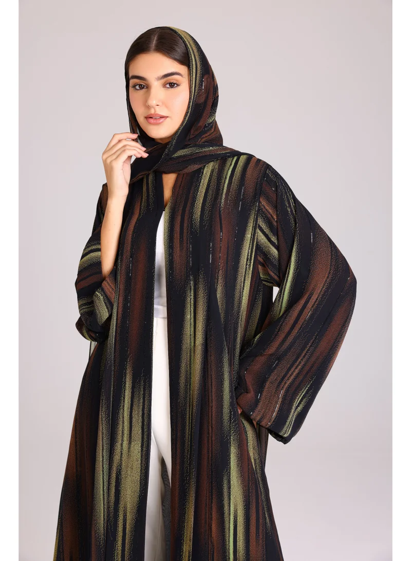 اكسا عباية عصرية نقوش مخططة بني واخضر