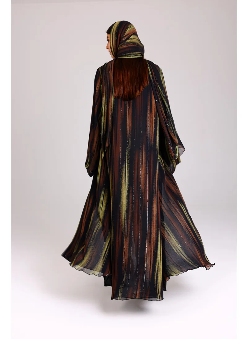 IKKXA Modern Colorful Brown and Green Stripes Abaya