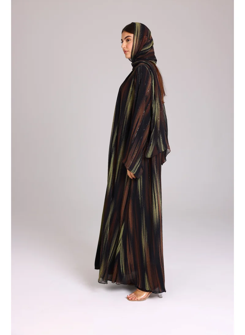 IKKXA Modern Colorful Brown and Green Stripes Abaya