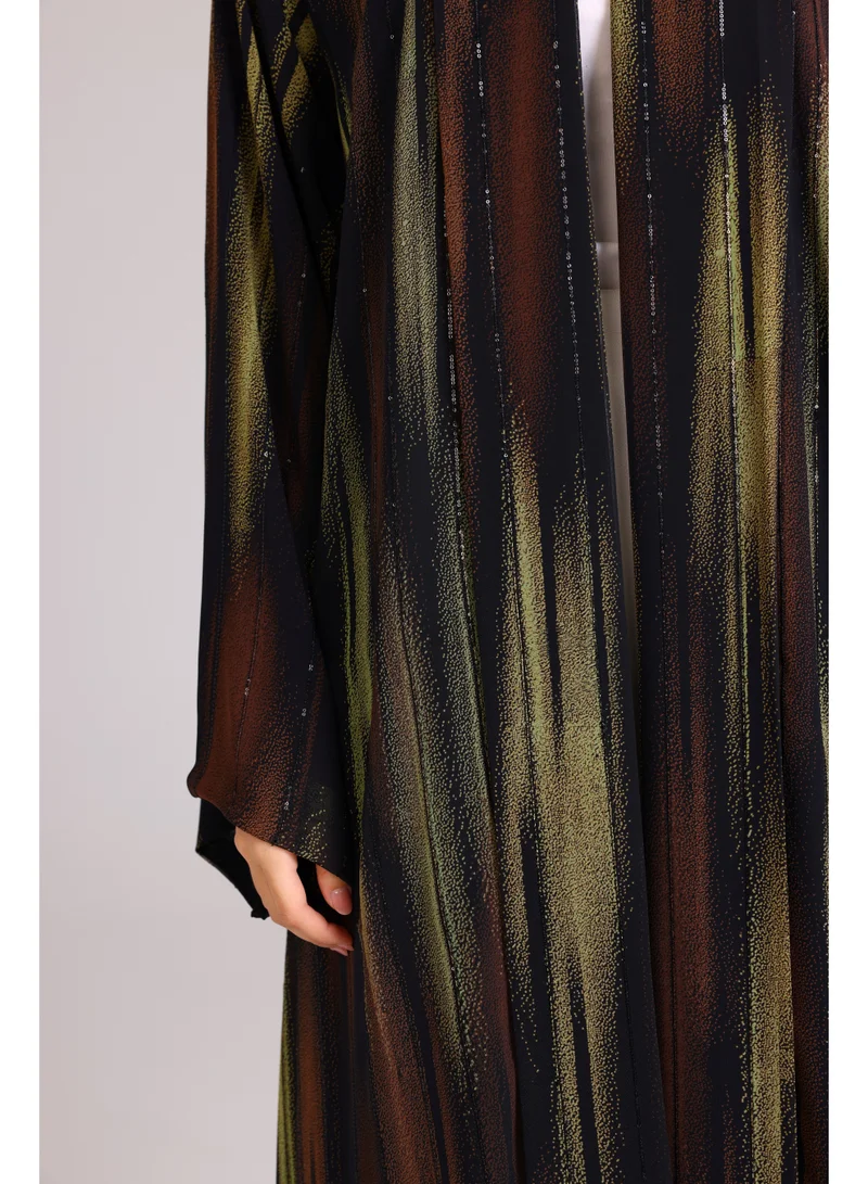 IKKXA Modern Colorful Brown and Green Stripes Abaya