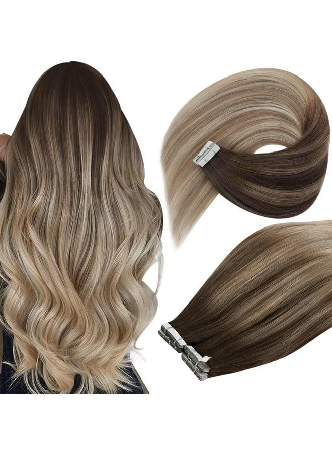 Ve Sunny Tape In Hair Extensions Human Hair Ombre Seamless Tape In Hair Extensions Brown Blonde Human Hair Extensions Tape Ins Dark Brown Ombre Golden Blonde Mix Platinum Blonde 20Pcs 50G 18Inch  - Image 1