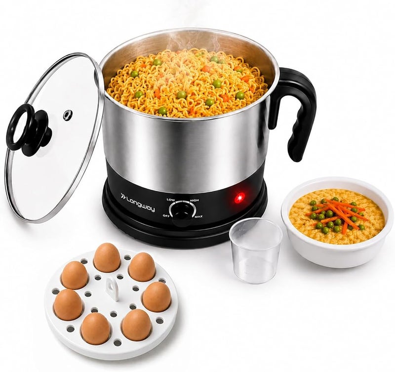 Longway Multipurpose Electric Kettle 1.5 litre, 3 Heating Modes Stainless Steel Body with Glass Lid, kettle for hot Water, Milk, Tea and Coffee, Noodles, Soup, Rice, Egg Boiling Black & Silver - Image 1