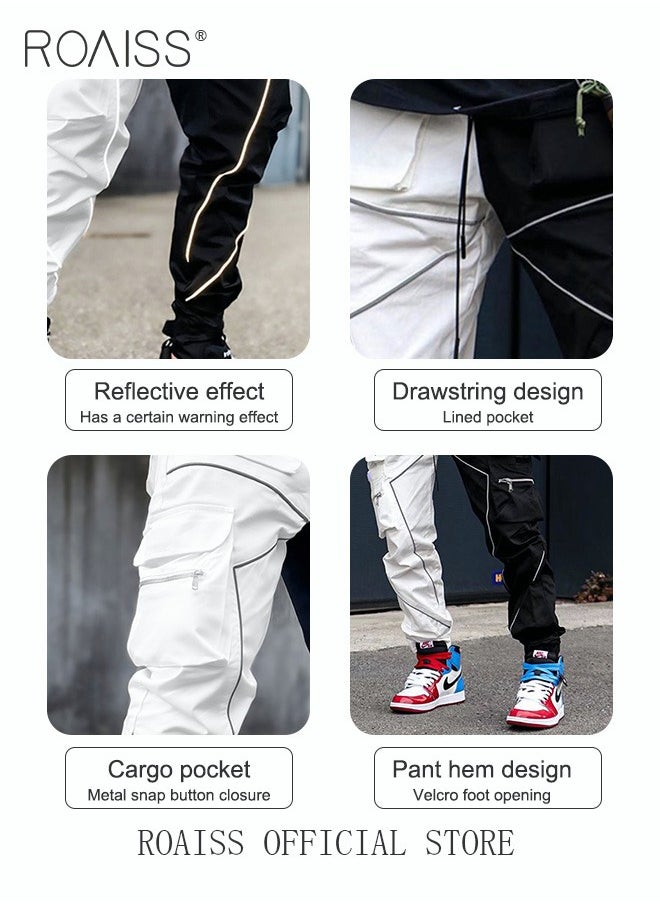 roaiss - Fashion Print Men Cargo Trousers  Multiple Pocket Design  Sports Trousers Reflective Tape Design  Velcro Feet Breathable Fabric  Solid Color - Image 1