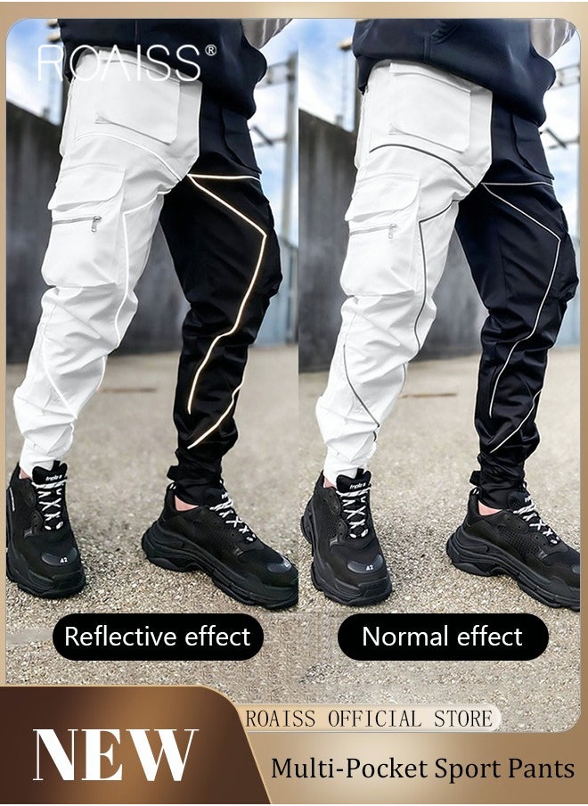 roaiss - Fashion Print Men Cargo Trousers  Multiple Pocket Design  Sports Trousers Reflective Tape Design  Velcro Feet Breathable Fabric  Solid Color - Image 1