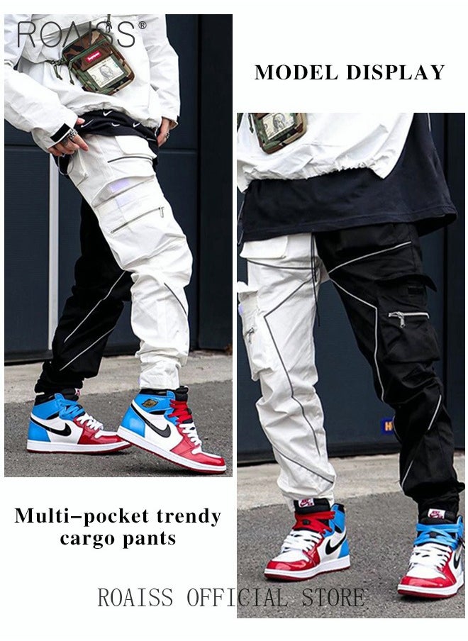 roaiss - Fashion Print Men Cargo Trousers  Multiple Pocket Design  Sports Trousers Reflective Tape Design  Velcro Feet Breathable Fabric  Solid Color - Image 1