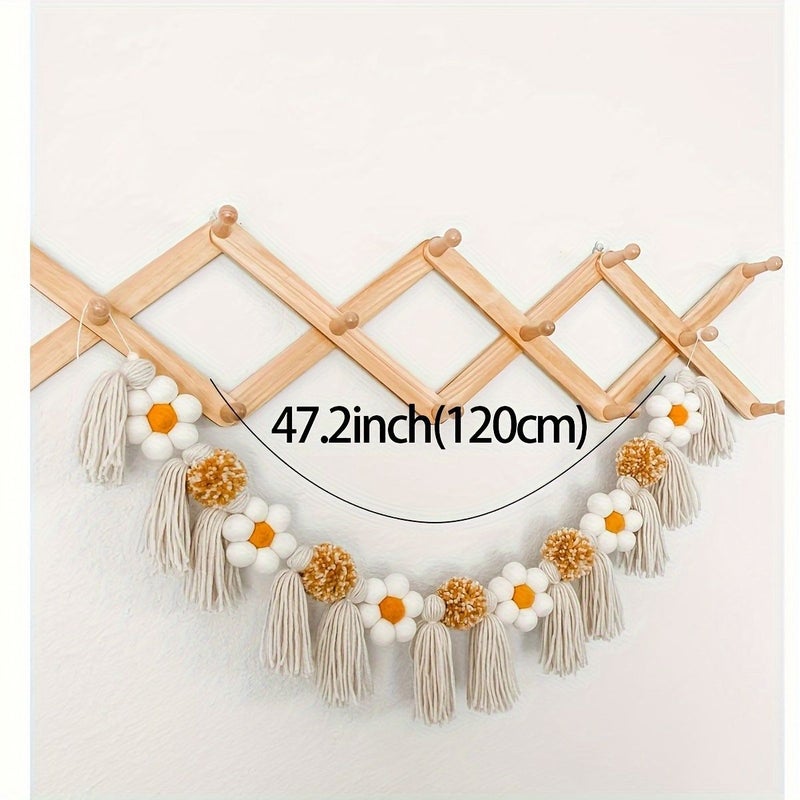 Gray Daisy Tassel Wood Bead Garland Boho Farmhouse Floral Banner For Shower Birthday Party Classroom Rustic Wedding Photo Booth Decoration - Image 3