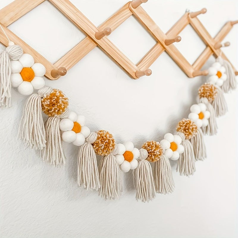 Gray Daisy Tassel Wood Bead Garland Boho Farmhouse Floral Banner For Shower Birthday Party Classroom Rustic Wedding Photo Booth Decoration - Image 1