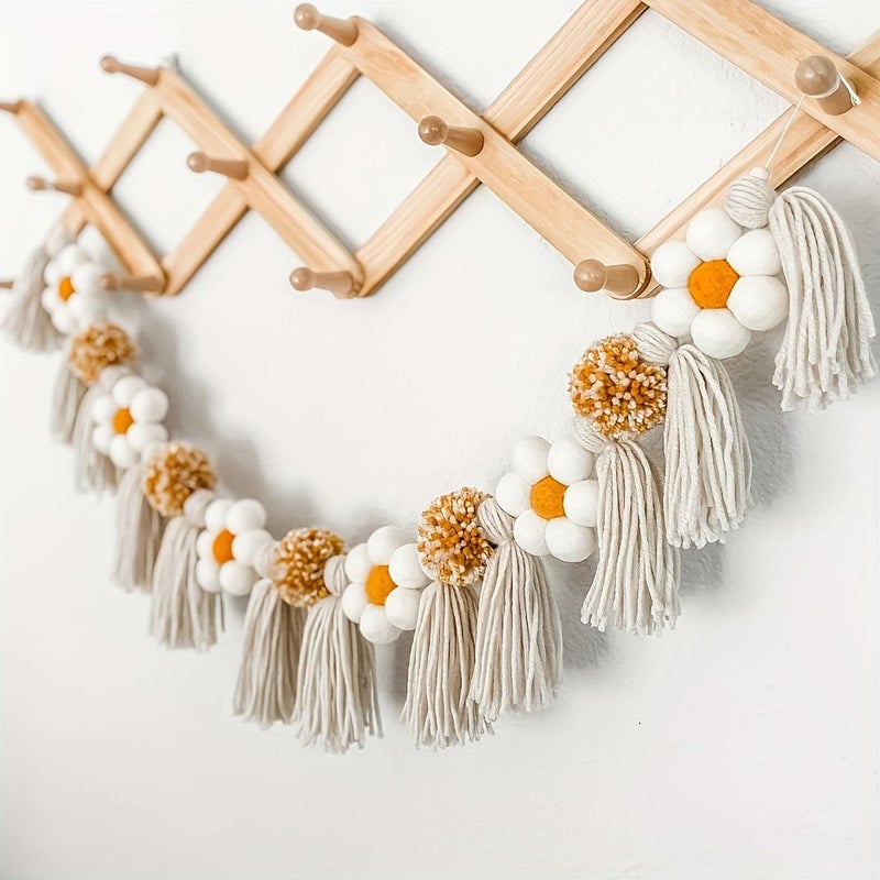 Gray Daisy Tassel Wood Bead Garland Boho Farmhouse Floral Banner For Shower Birthday Party Classroom Rustic Wedding Photo Booth Decoration - Image 2