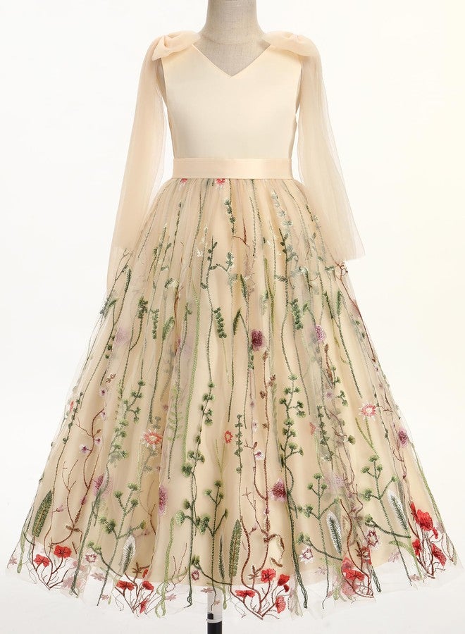 IBAKOM Flower Girl Maxi Dress Wedding Formal Bridesmaid Floral Embroidered Tulle Skirt Princess Pageant First Communion Gown, Apricot, 11-12 Years - Image 5