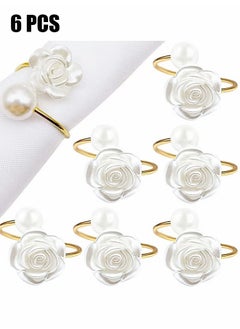 HY Gold Pearl Napkin Rings Set of 6, Flower Napkin Ring for Wedding, Dinner Party, Banquet, White Rose Serviette for Valentine's Day, Thanksgiving Day (Rose&Pearl)  - Image 1