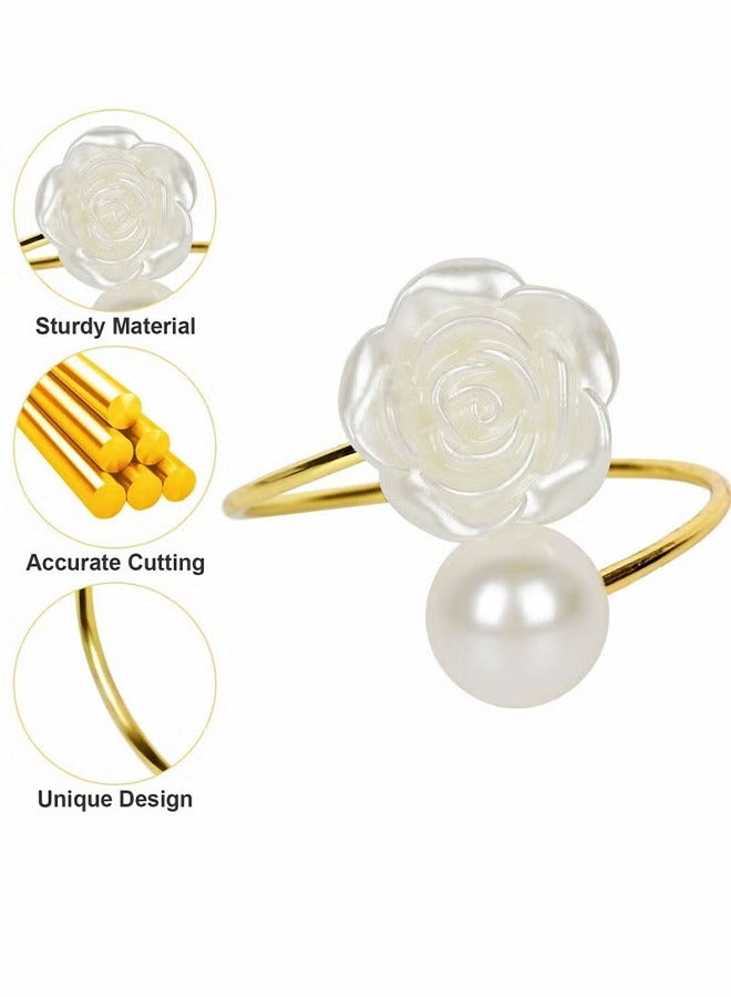 HY Gold Pearl Napkin Rings Set of 6, Flower Napkin Ring for Wedding, Dinner Party, Banquet, White Rose Serviette for Valentine's Day, Thanksgiving Day (Rose&Pearl)  - Image 2