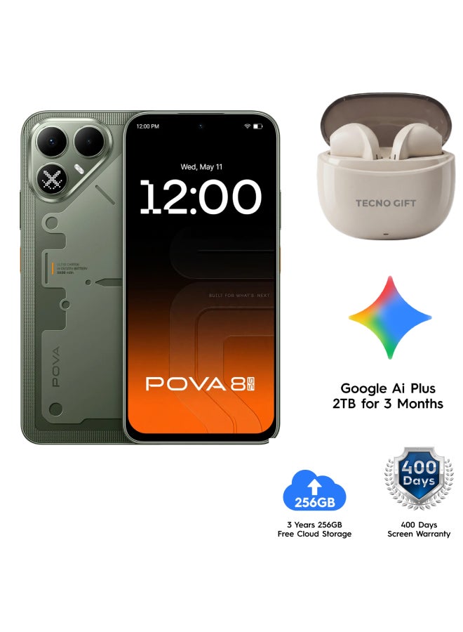 تكنو POVA 8 5G 256GB 8+8GB Echo Green + Free Gift ( TWS + 256 GB Free  Cloud Storage + 400 Days Screen Warranty + Google AI Plus 2TB for 3 Month  ) - Image 1