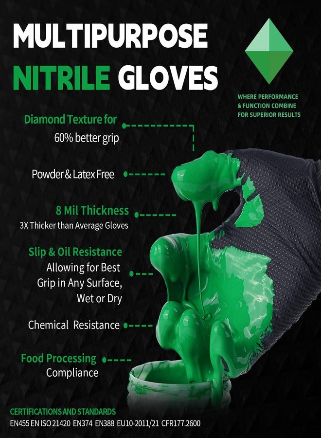 FINITEX Heavy Duty Black Industrial Nitrile Disposable Gloves - 100PCS 8Mil Latex-free Powder-free 3D Diamond Mechanic Gloves (Large) - Image 2