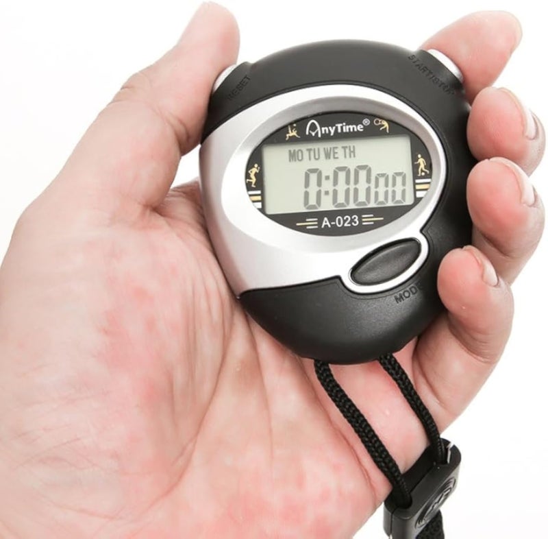 AnyTime A-023 Stopwatch Handheld Electronic Digital LCD With Date Time And Alarm (Black/Silver)