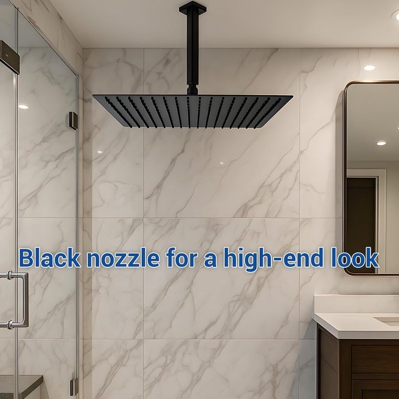 16 Inch Large Rain Shower Head - Matte Black Ceiling Rainfall Showerhead 304 Stainless Steel High Pressure - Image 3