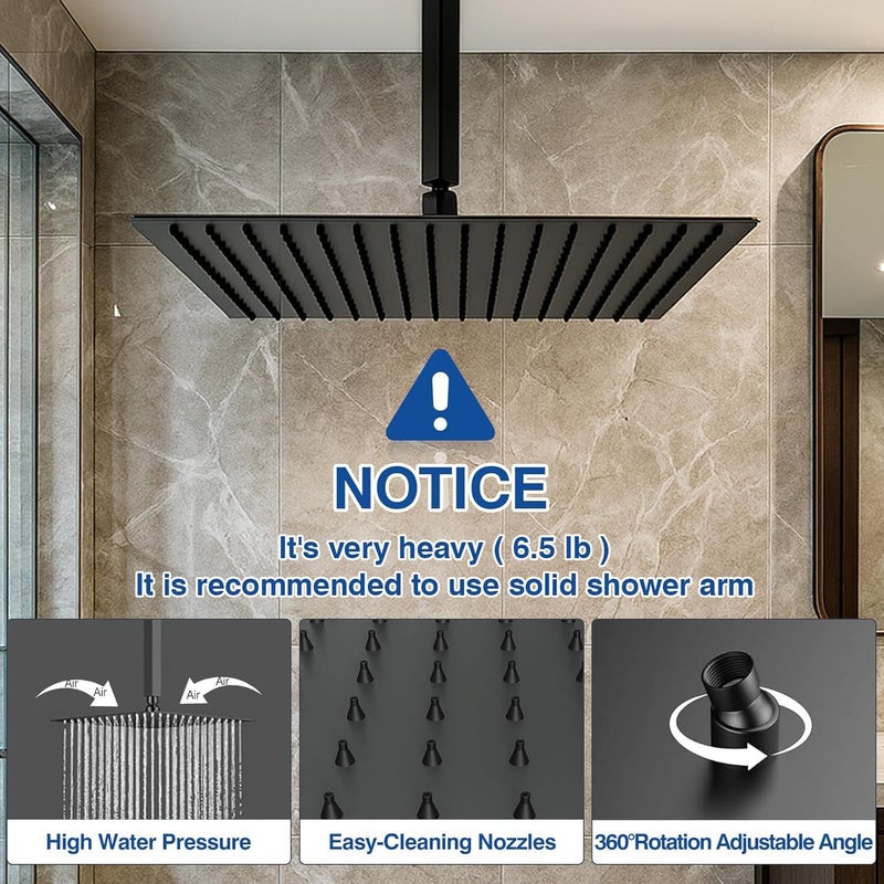 16 Inch Large Rain Shower Head - Matte Black Ceiling Rainfall Showerhead 304 Stainless Steel High Pressure - Image 4
