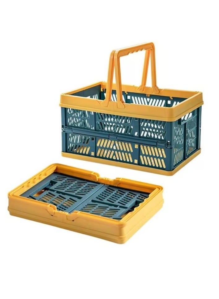PROMASS Collapsible Shopping Folding Basket, Portable Plastic Crate with Handle, Storage Container for Camping, Kitchen, Bathroom (Blue-Yellow)  - Image 1
