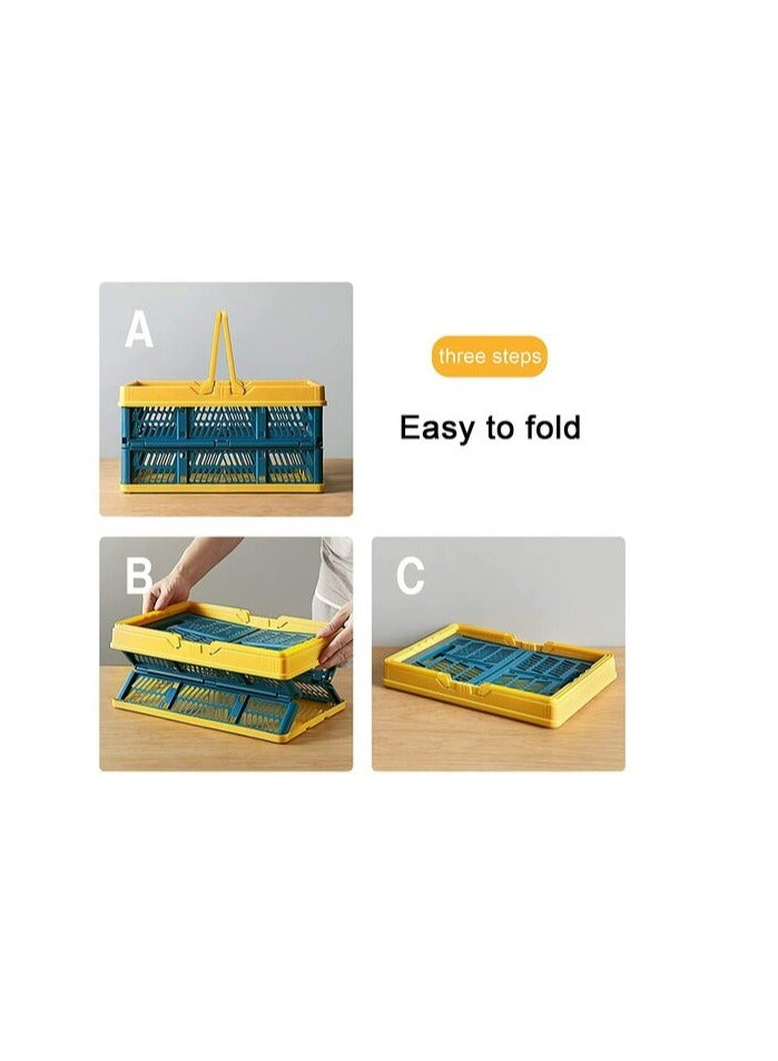 PROMASS Collapsible Shopping Folding Basket, Portable Plastic Crate with Handle, Storage Container for Camping, Kitchen, Bathroom (Blue-Yellow)  - Image 2