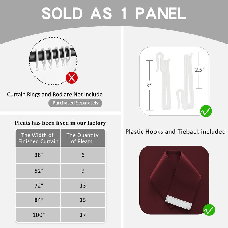 OYRING 38"" W x 84"" L Blackout Pinch Pleat Curtain with Tieback for Bedroom  Thermal Insulated Pleated Curtain for Living Room  Patio  Burgundy  1 Panel - Image 4