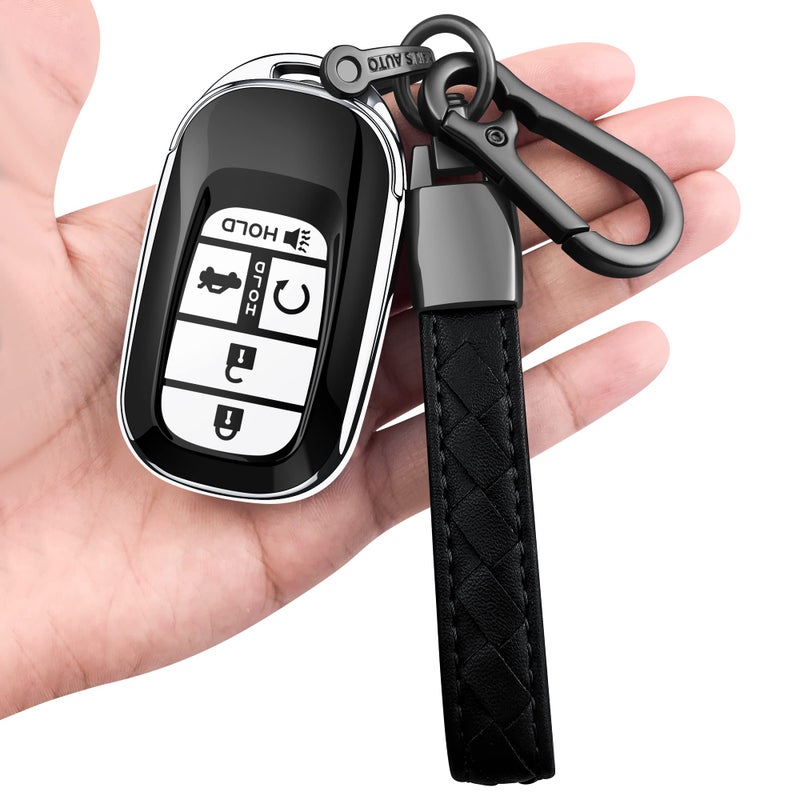 Sindeda for Honda Key fob Cover with Leather Keychain Soft TPU Full Cover Protection,for Honda 2022 Civic Accord,5 Buttons Key Fob Shell (Sliver)
