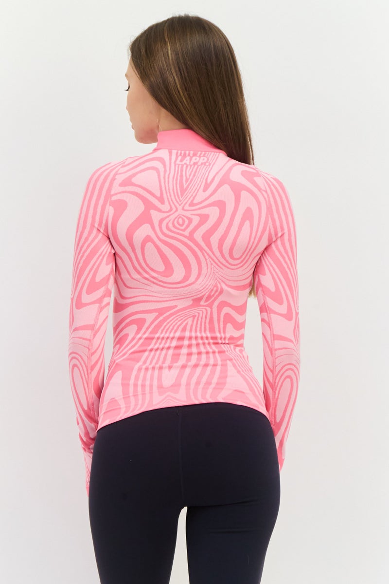 LAPP Women High Neck Abstract Print Half Zip Sweatshirts, Bright Pink - Image 3