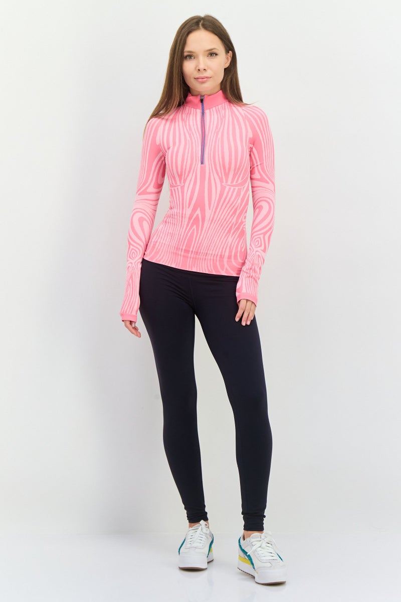 LAPP Women High Neck Abstract Print Half Zip Sweatshirts, Bright Pink - Image 4