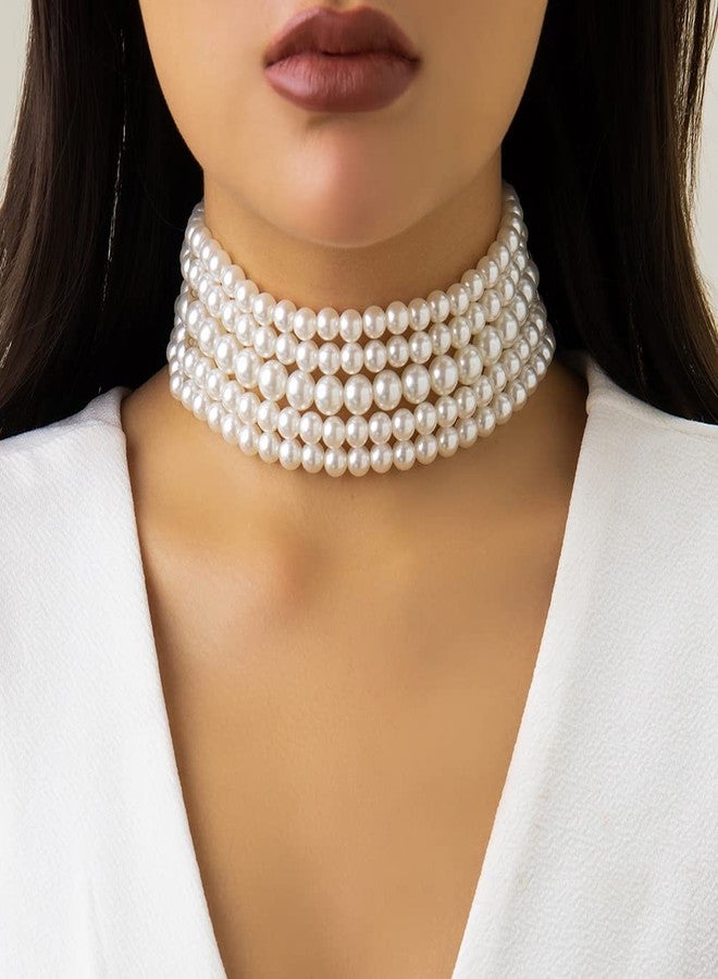 Wiwpar 5 Layers Strand Round Imitation Pearl Choker Necklace Vintage Multi Strands Necklace Collar Choker Pearl Statement Bridal Choker Necklace for Wedding 20s Flapper Themed Party (Style2) - Image 2