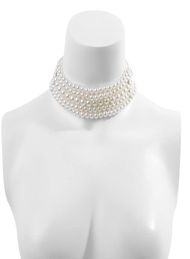 Wiwpar 5 Layers Strand Round Imitation Pearl Choker Necklace Vintage Multi Strands Necklace Collar Choker Pearl Statement Bridal Choker Necklace for Wedding 20s Flapper Themed Party (Style2) - Image 4