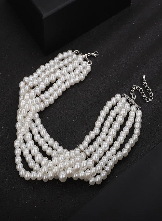 Wiwpar 5 Layers Strand Round Imitation Pearl Choker Necklace Vintage Multi Strands Necklace Collar Choker Pearl Statement Bridal Choker Necklace for Wedding 20s Flapper Themed Party (Style2) - Image 5