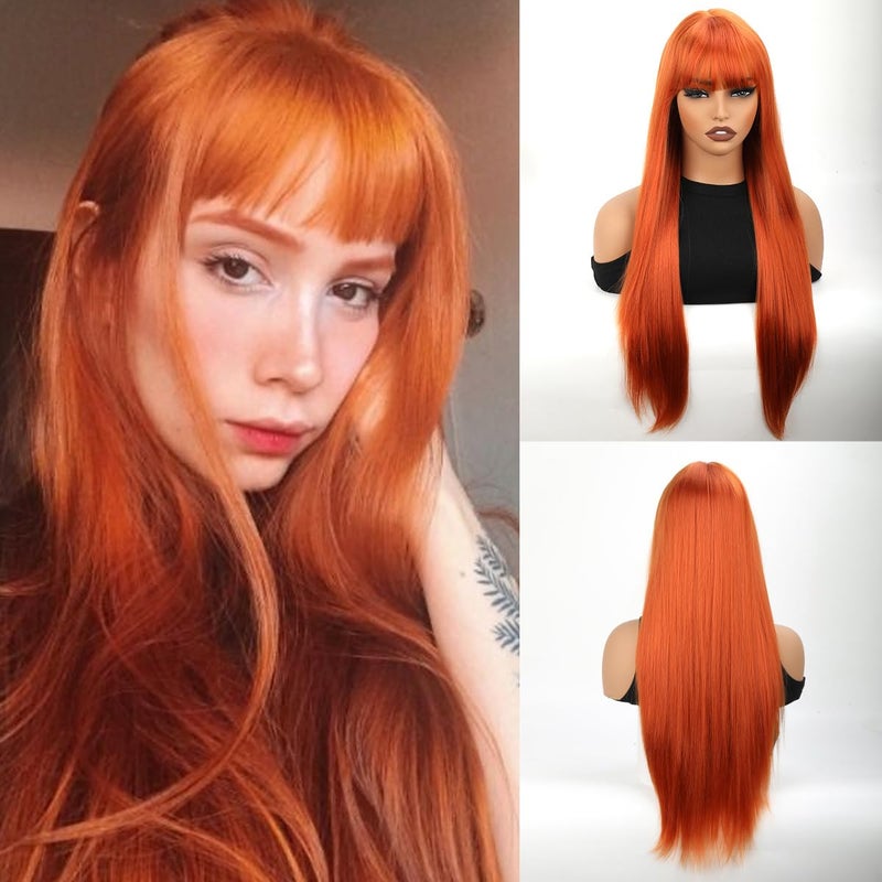 forfeels Long Orange Wig For Women 28 Inches Long Orange Ginger Synthetic Wigs Natural Looking Orange Synthetic Hair Wigs Straight Synthetic Wig With Bangs