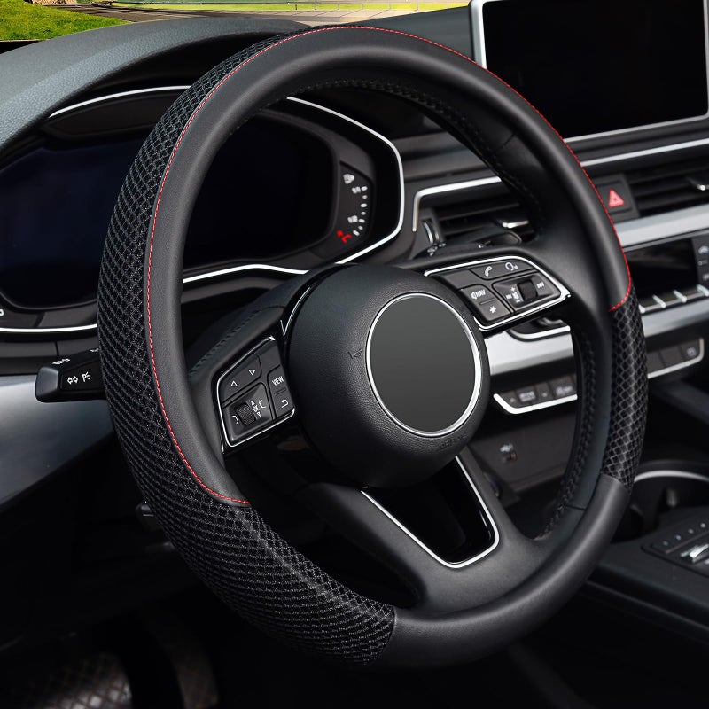 KAFEEK 16 inch Steering Wheel Cover Black Microfiber Leather Viscose Breathable Compatible for F150 F250 F350 Ram 4Runner Tacoma Tundra Range Rover