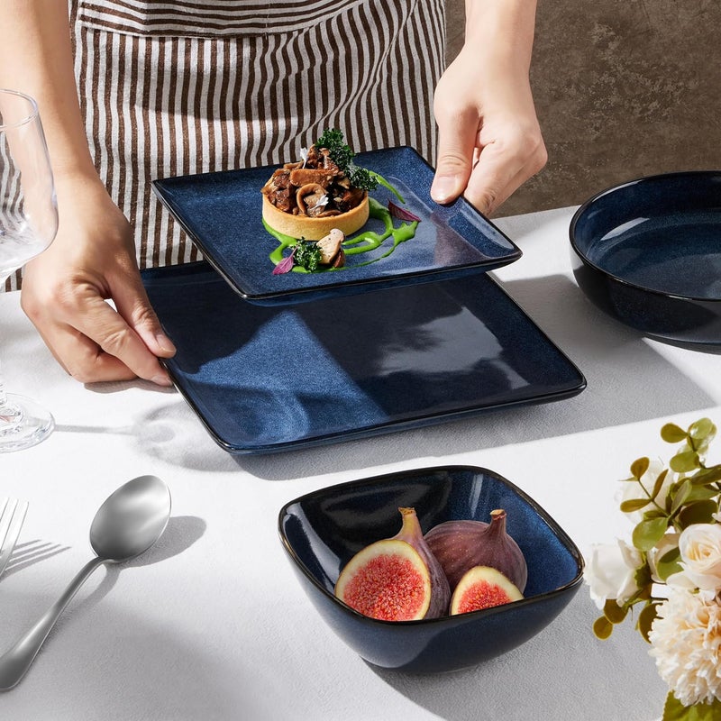E-far طقم أطباق وأوعية إيفار المربعة 12 قطعة من الخزف لوجبات العشاء لـ 4 أشخاص مجموعة أطباق مقاومة للتشقق والخدوش آمنة للاستخدام في الميكروويف وغسالة الصحون باللون الأزرق العميق - Image 3