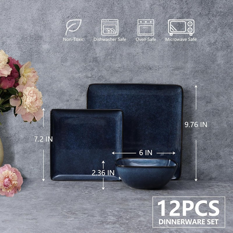 E-far طقم أطباق وأوعية إيفار المربعة 12 قطعة من الخزف لوجبات العشاء لـ 4 أشخاص مجموعة أطباق مقاومة للتشقق والخدوش آمنة للاستخدام في الميكروويف وغسالة الصحون باللون الأزرق العميق - Image 2