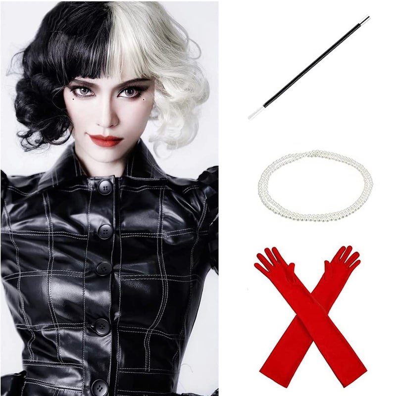 MAGQOO Half Black White Wig with Bangs Women Girls Short Curly Wavy Black and White Hair Wigs Wig Cap Included 12 Inches Half Black White