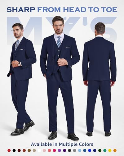 MYS MY'S Men's 3 Piece Suit Set with Tie, One Button Slim Fit Jacket Vest & Pants, Party Wedding Prom Blazer Waistcoat & Trousers, Deep Blue Small - Image 2