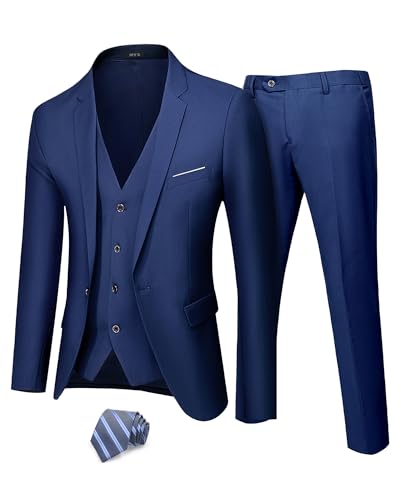 MYS MY'S Men's 3 Piece Suit Set with Tie, One Button Slim Fit Jacket Vest & Pants, Party Wedding Prom Blazer Waistcoat & Trousers, Deep Blue Small - Image 1