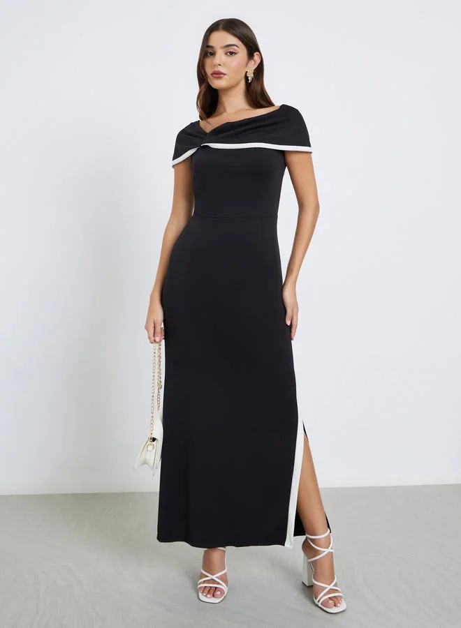 Contrast Trim Off Shoulder A-Line Maxi Dress