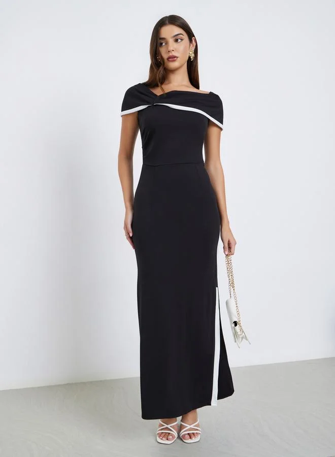 Styli Contrast Trim Off Shoulder A-Line Maxi Dress