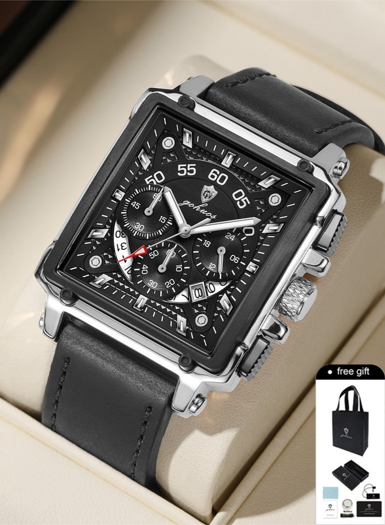جوهوس ساعات مربعة للرجال حزام جلدي كرونوغراف ساعة عمل عصرية ساعات يد مضيئة مقاومة للماء - Image 1