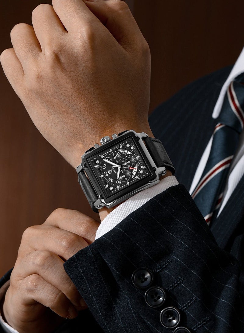 جوهوس ساعات مربعة للرجال حزام جلدي كرونوغراف ساعة عمل عصرية ساعات يد مضيئة مقاومة للماء - Image 2