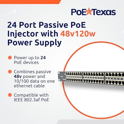 PoE Texas بو إي تكساس 24 منفذ PoE إنجيكتور مع مزود طاقة 48v120w - بيانات 10/100 - تثبيت على الرف - إضافة وضع سلبي B 802.3af PoE لمفتاح غير PoE لل VoIP، نقاط وصول الواي فاي، كاميرات IP، أنظمة الأمان والمراقبة - Image 2