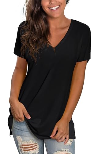 Sipaya T Shirts for Women Summer Deep V Neck Tshirts Cute Solid Color Short Sleeve Tunic Essentials Beach Vacation Clothes Black L - Image 1